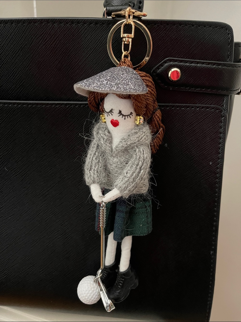 Golf Doll Keychain Bag Charm in Black with Gray Sweater